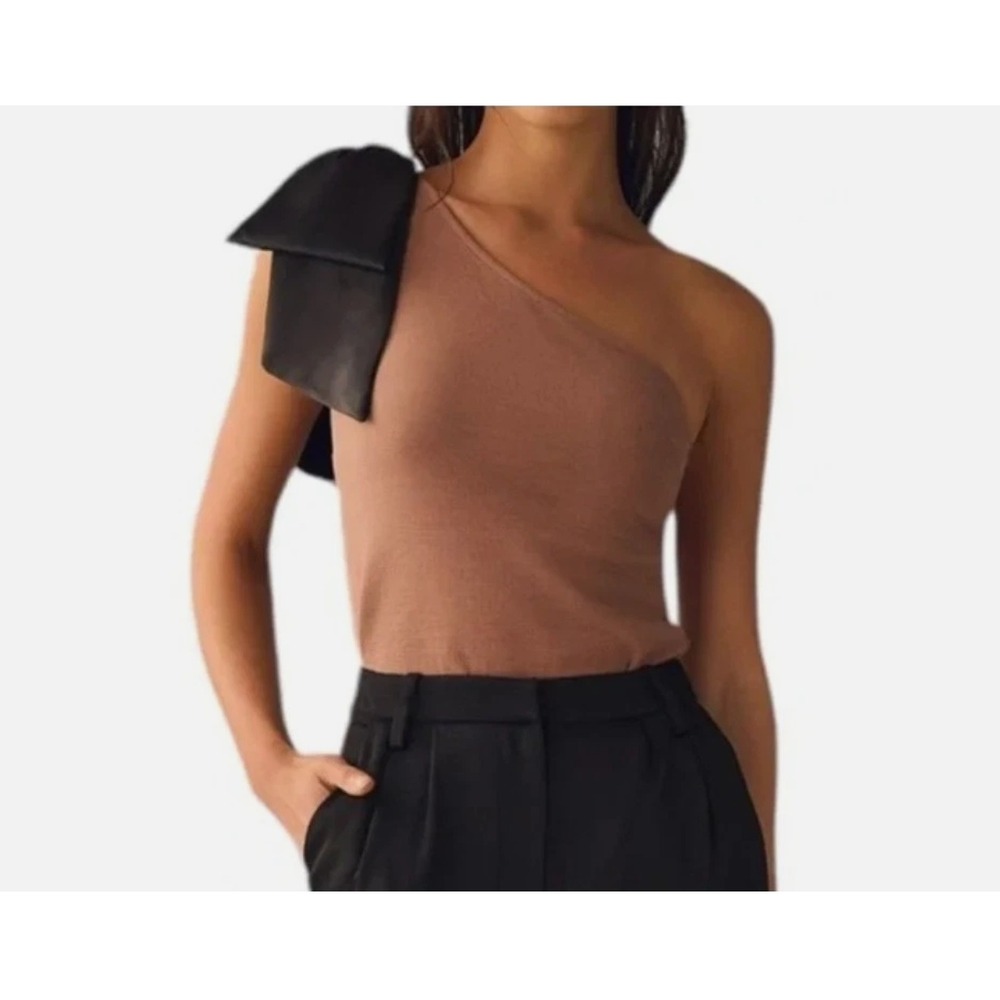 Maeve Anthropologie One Shoulder Ribbed‎ Bow Top Mauve Brown Black Large